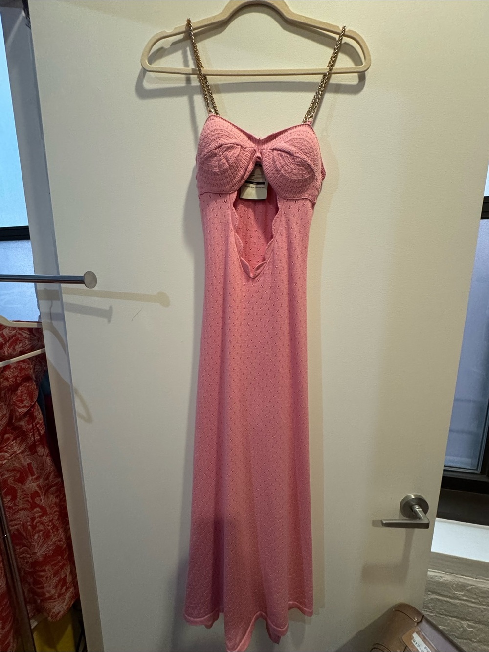 Seen ✔️ Gold-Chain Pink Slip Dress with Sculpted Bust